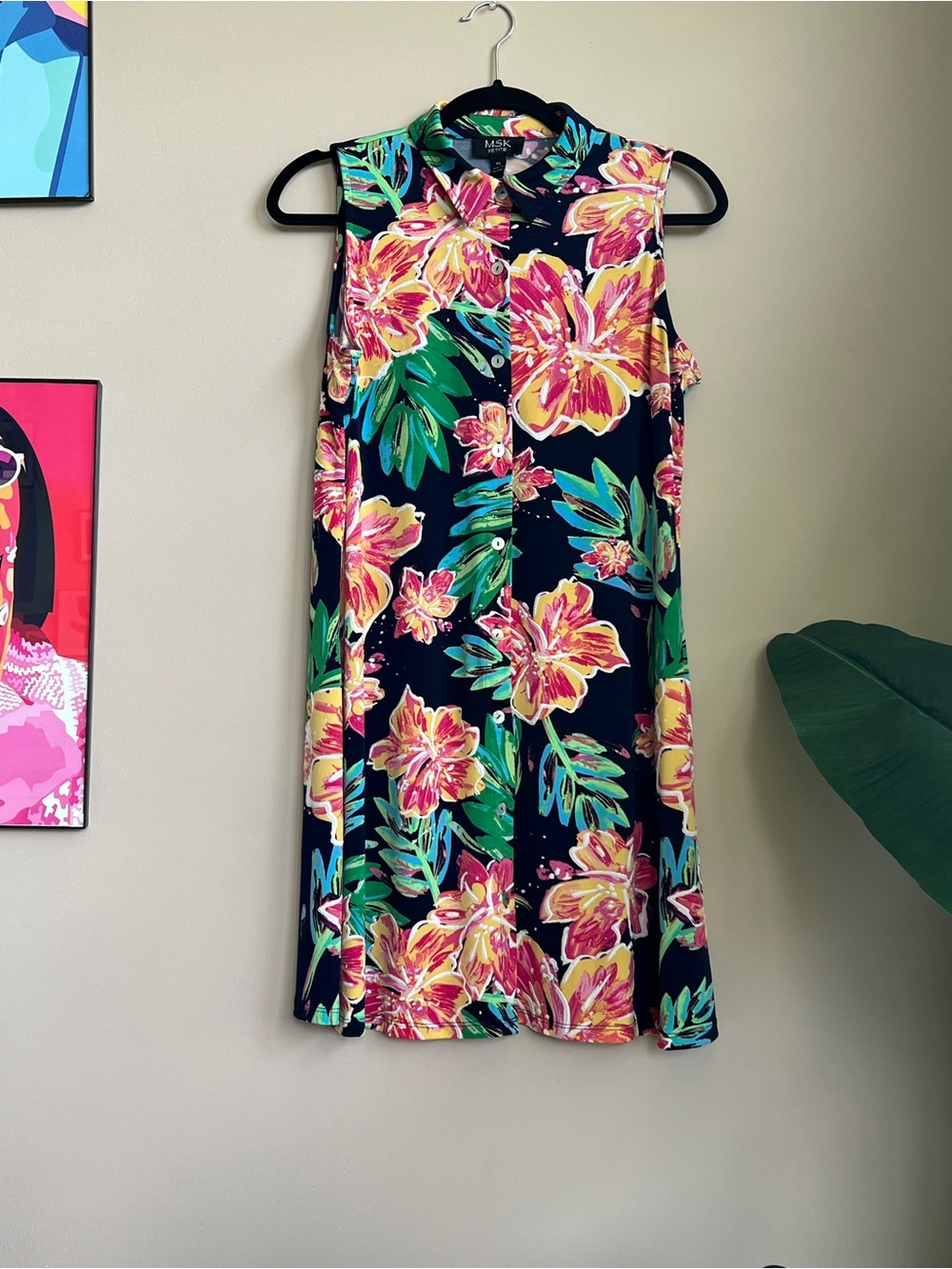 MSK Petite Floral Sleeveless Shirt Dress Navy Pink Yellow PL